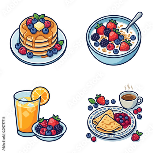 Cartoon vector icons of various healthy breakfast and brunch items