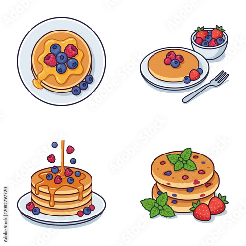 Set of delicious pancake illustrations with berries and syrup
