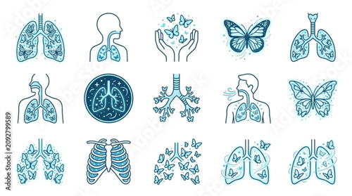 Foto Collection of stylized lungs and butterflies illustrations.