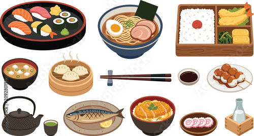 Photography Japanese food vector illustration set featuring sushi ramen bento box miso soup