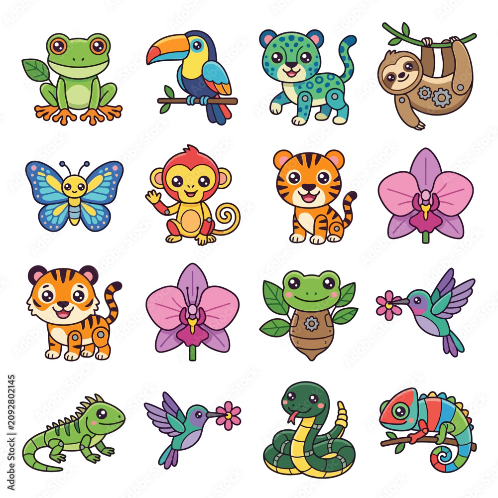 Naklejka premium Colorful Cartoon Jungle Animals Collection.