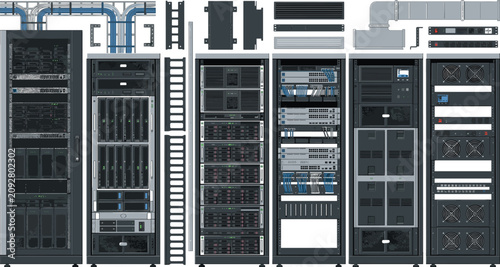 Data center server racks and network cabinets vector illustration set with cable trays cooling fans and mainframe hardware for corporate IT infrastructure infographics