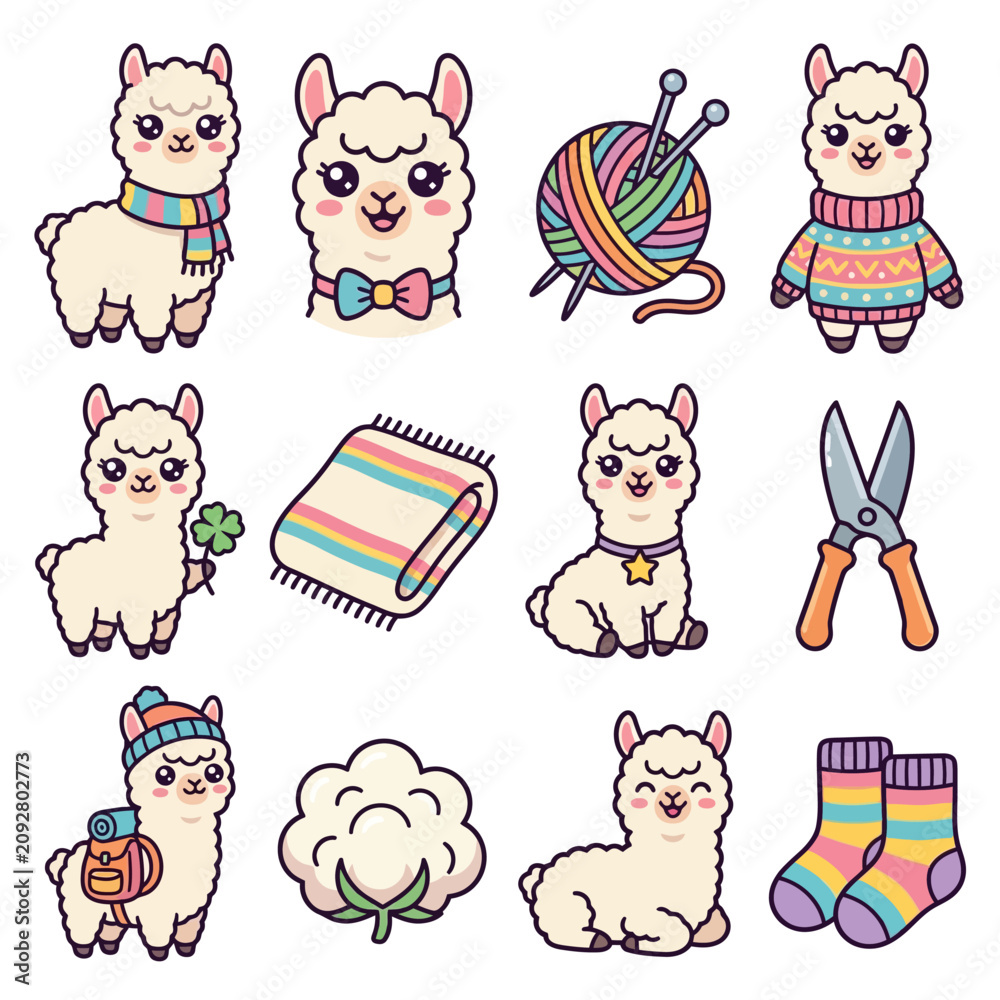 Fototapeta premium Llamas in colorful knitwear accessories.