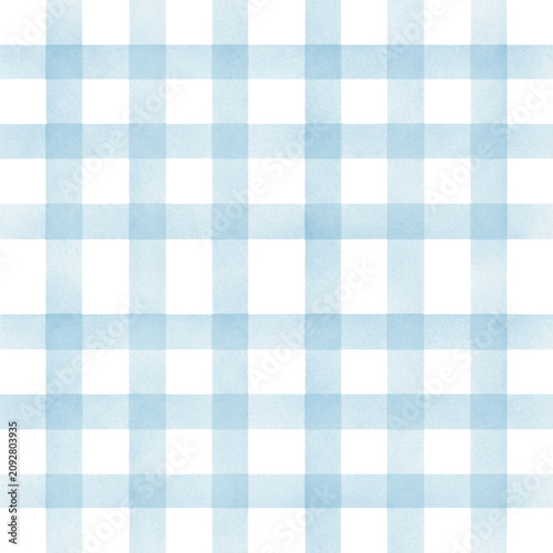 Seamless repeating gingham pattern in soft pastel blue featuring intersecting lines with hand-painted watercolor textures on a white background, minimalist aesthetic