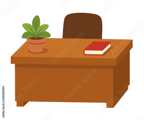 Teacher office desk table with book and plant pot
