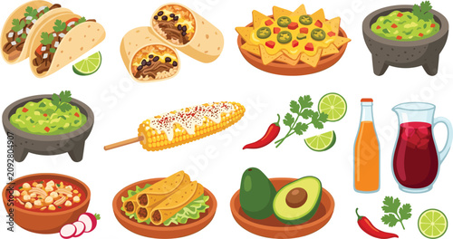 Картината върху платно Mexican food and traditional cuisine vector sticker set featuring tacos burrito