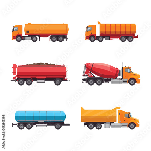 Commercial cargo transport trailer trucks flat vector illustration collection isolated on white
