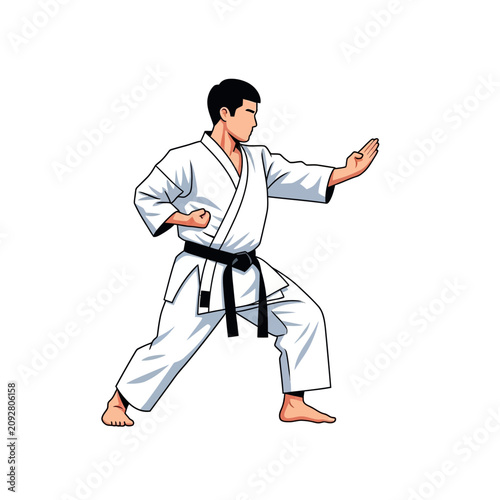 Photography Martial Arts Expert in Traditional White Uniform Performing Karate Stance Illust