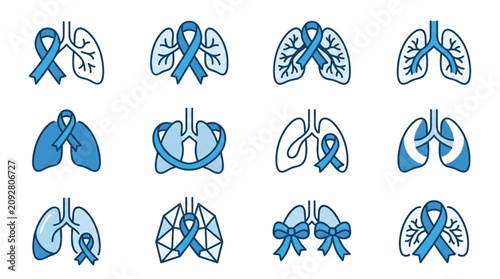 Fotografie Set of Lung Icons with Blue Ribbons for Awareness.