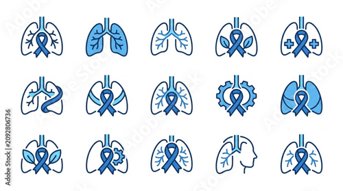 Fotografía Collection of Lung Icons with Blue Ribbons and Medical Symbols.