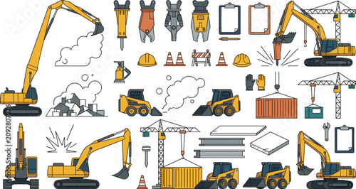 Tableau sur toile Heavy construction site machinery and demolition equipment illustration set feat
