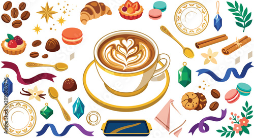Obraz na płótnie Luxury coffee cup vector element set with cappuccino latte art croissants macar
