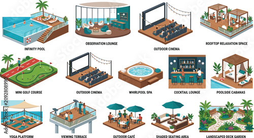 Canvas-taulu Luxury cruise ship resort amenities isometric vector set featuring infinity pool