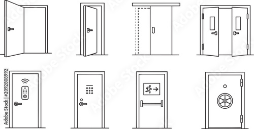 Door icons set with various styles and locking mechanisms