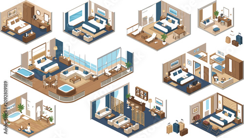 Foto Luxury hotel rooms and cruise ship suites isometric vector set featuring bedroom