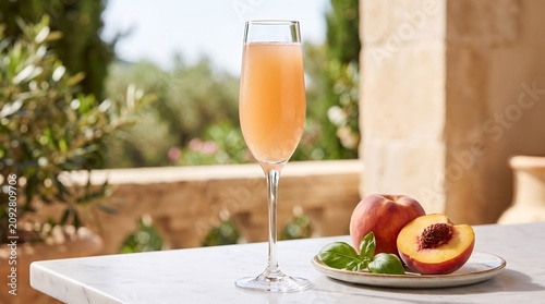 Peach Bellini Cocktail in Champagne Glass on Summer Terrace