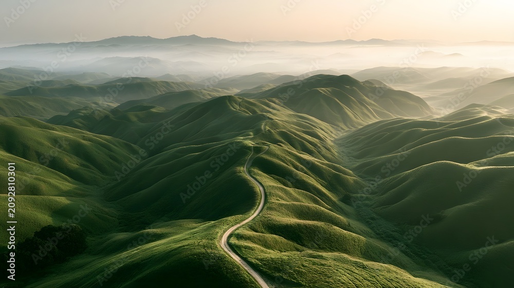 Fototapeta premium Aerial View of Winding Road Through Misty Green Hills at Sunrise