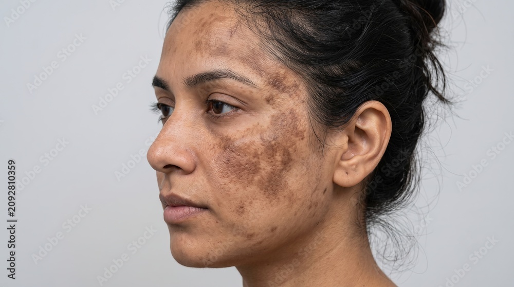 Naklejka premium Side view of woman face with severe melasma and dark brown skin pigmentation patches