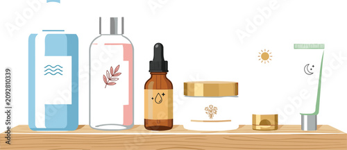 Quadro su tela Organic skincare cosmetics bottles on wooden shelf vector illustration set with