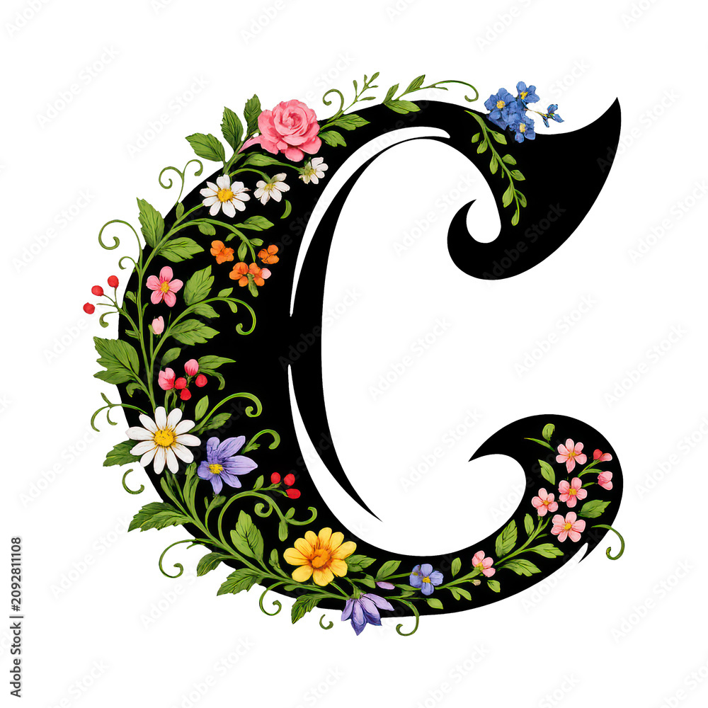 Obraz premium Floral letter C design in PNG with a transparent background.