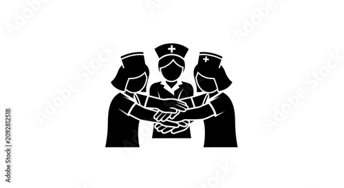 Tableau sur toile Black and white icon of three nurses joining hands in a team effort