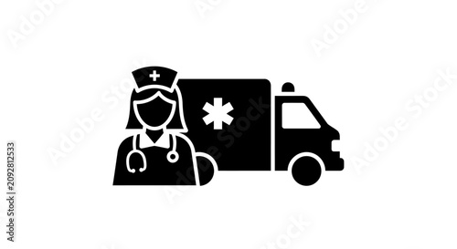 Fotografía Black and white icon of a nurse standing in front of an ambulance