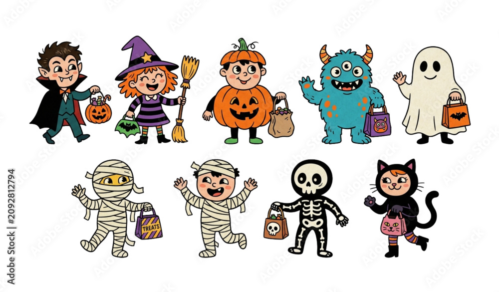 Fototapeta premium Retro Halloween Kids Character Set with Vampire Witch Pumpkin Head and Monster Costumes Vector