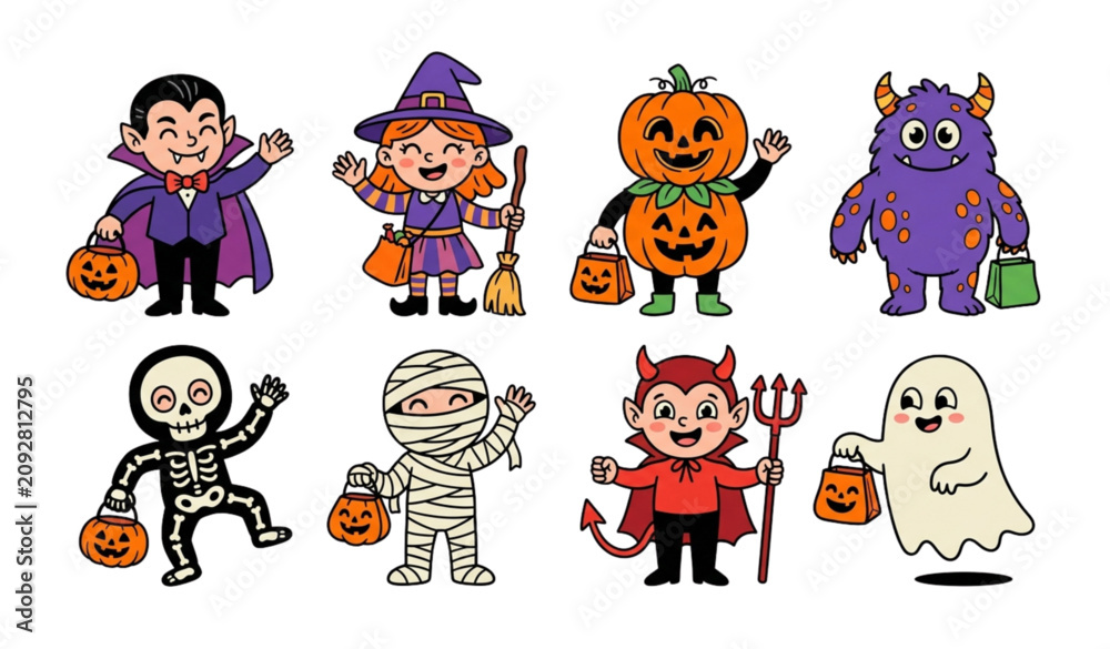 Fototapeta premium Groovy Retro Halloween Character Pack with Kids in Funny Spooky Costumes Vector