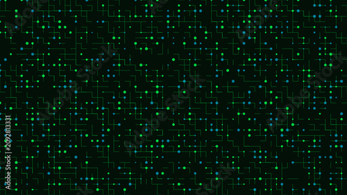 Konstfotografi Dense digital network pattern with green and blue dots and connecting lines