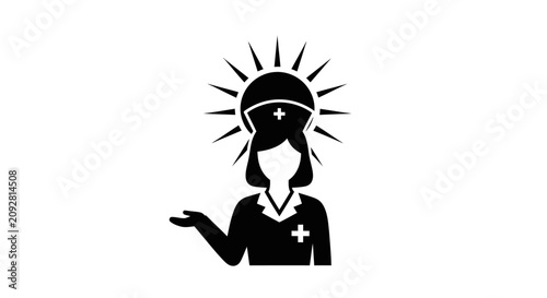 Black and white vector illustration of a saintly nurse figure.
