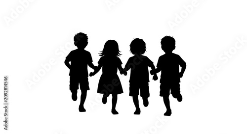 Silhouette of four happy children running together holding hands.