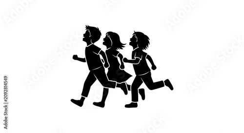 Silhouette of three diverse children running together outdoors.