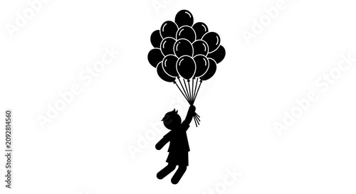 Silhouette of a small child flying by holding a large bunch of balloons.