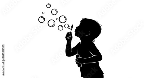 Silhouette of a young child blowing soap bubbles isolated on white background.
