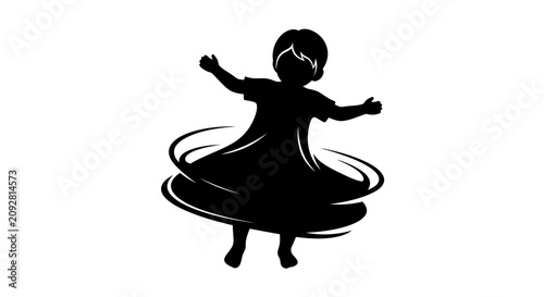 Silhouette of a happy little girl spinning in a dress.