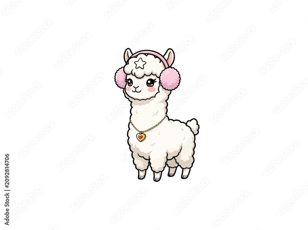 Fototapeta premium Cute Cartoon Alpaca Character With Fuzzy Pink Earmuffs And Heart Necklace Standing On White Background, Adorable Design For Kids' Illustrations, Vector Illustration
