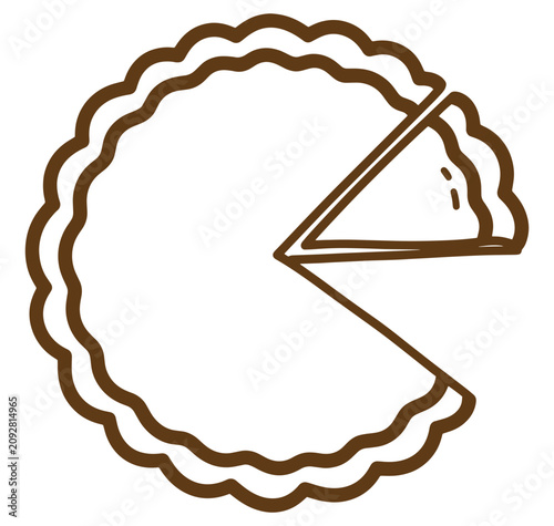 A brown line drawing of a pie with a slice cut out of it on white background