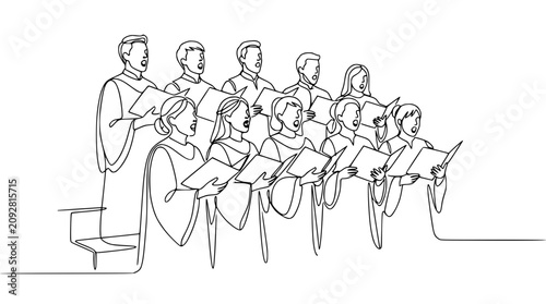 Quadro su tela Continuous line drawing of a choir singing from sheet music, group performance,