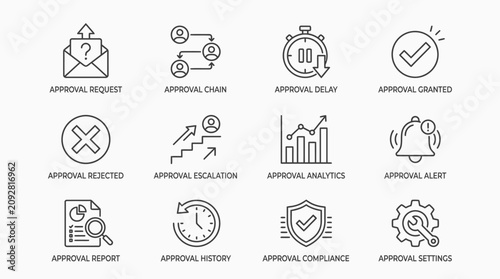 Set of approval process line icons for business workflow.