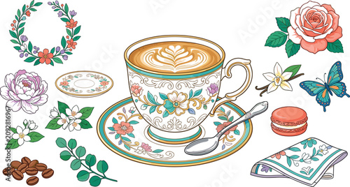 Fotografia Vintage floral coffee cup vector illustration set featuring latte art porcelain