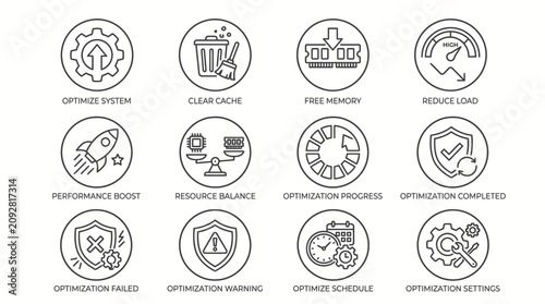 Set of computer system optimization and maintenance line icons.