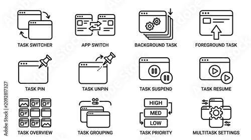 Set of computer task management and multitasking process line icons.