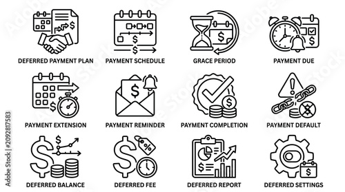 Set of financial payment and deferred billing outline icons.