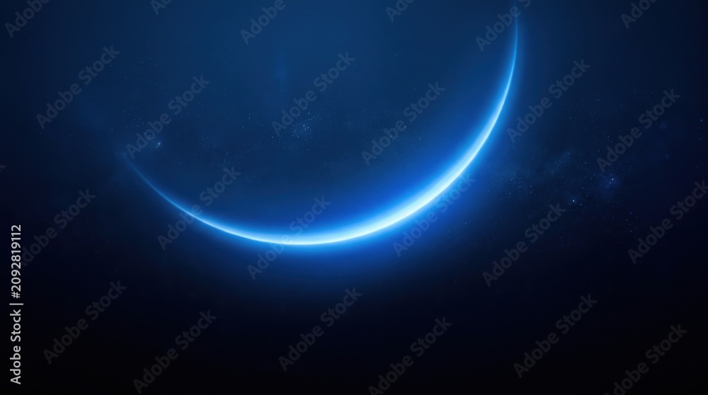 Obraz premium Glowing blue crescent light streak curving across a dark navy background with soft atmospheric haze and subtle particles in a deep space aesthetic