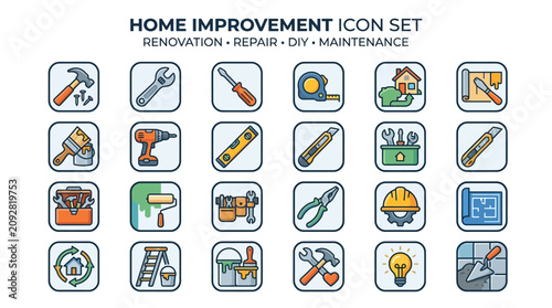 Home improvement icons illustrate renovation and repair tools for DIY maintenance.