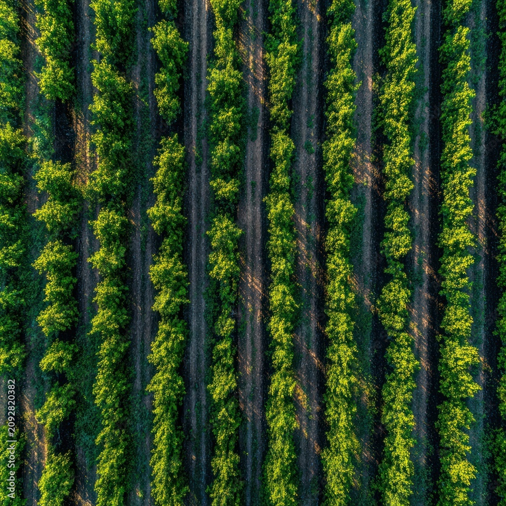 Fototapeta premium Aerial View of Lush Green Tree Plantation with Symmetrical Rows in Bright Sunlight