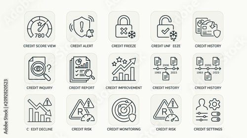 Set of thin line credit score and financial management icons.