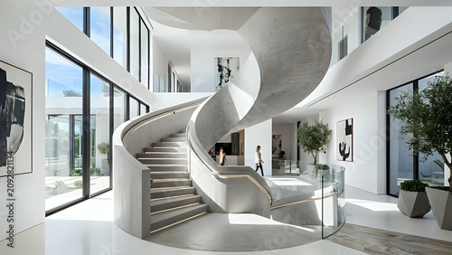 Grand foyer with sculptural spiral staircase in luxury white contemporary mansion staircase interior architecture contemporary spacious entryway minimalist stairway concrete residential
