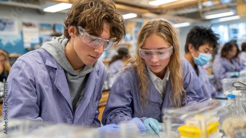 High school students collaborating on a science experiment in a modern laboratory setting during a