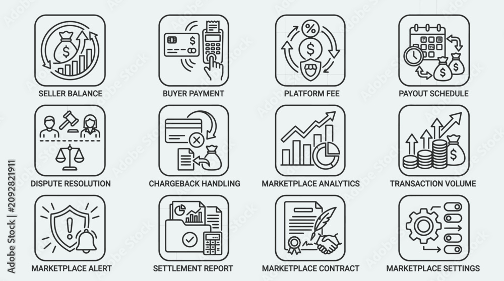 Obraz premium Set of Marketplace Management and Financial Transaction Icons.